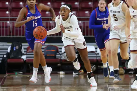 Marnelle Garraud pushing the ball up the floor vs. Lowell on Nov. 5, 2019.