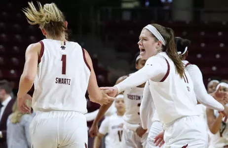 Senior Emma Guy gives r-sophomore Cam Swartz a low five after the Eagles took the lead vs. VCU, Nov. 2019