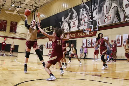 Emma Guy rises above for the right-handed hook.