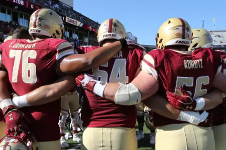 The offensive line huddles up prior to its game vs. Wake Forest