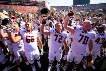 The BC offensive line celebrates a win at Rutgers.