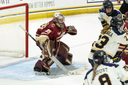 Maddy McArthur in net against Merrimack