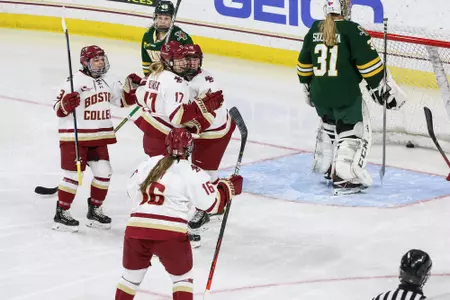 Delaney Belinskas celebrates a goal against Vermont.