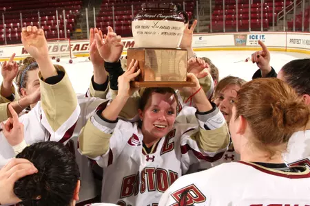 Kelli Stack celebrates the 2011 Beanpot Championship.