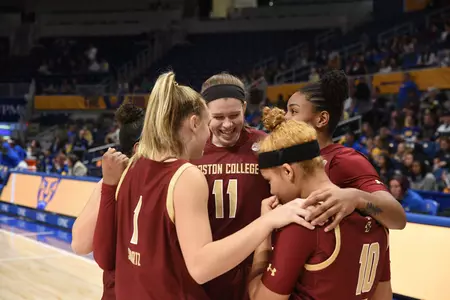 Emma Guy leads the team in a huddle at Pitt on Dec. 5, 2020