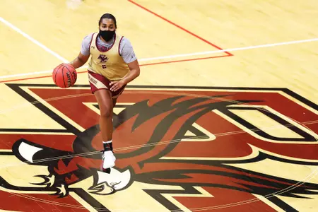 Freshman Kaylah Ivey dribbling up court during the official first practice of 2020-21.