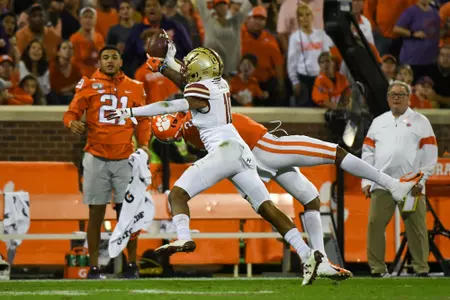 Brendan Sebastian breaks up a pass at Clemson in 2019.