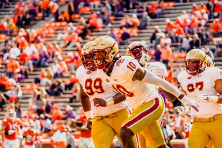 Brandon Sebastian celebrates a fumble return touchdown at Clemson