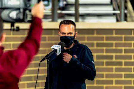 Jeff Hafley does a postgame interview following a win vs. Pitt