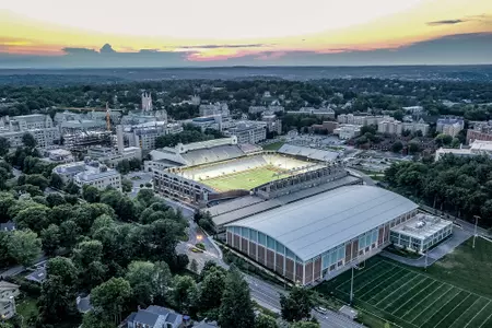 An aerial shot of campus showing Fish Field House.