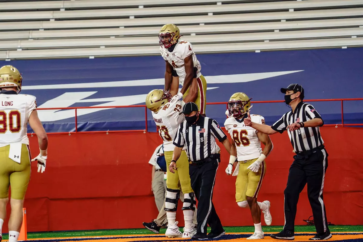 Zay Flowers is lifted in celebration after a touchdown at Syracuse