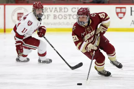 Cayla Barnes carries the puck up the ice against Harvard.