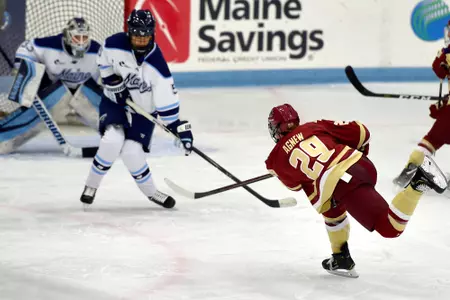 Lindsay Agnew takes a slap shot against Maine.