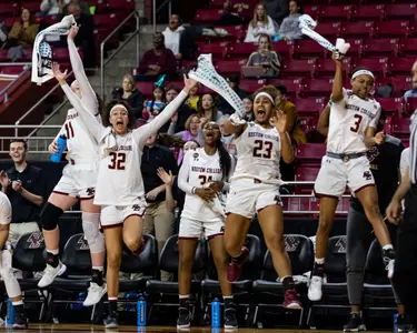 The bench celebrates during the win over Pitt on Feb. 20, 2020.