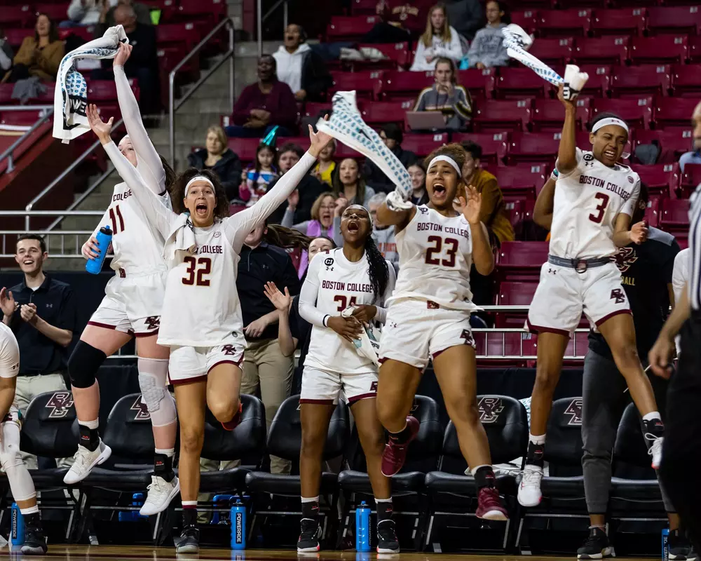 The bench celebrates during the win over Pitt on Feb. 20, 2020.