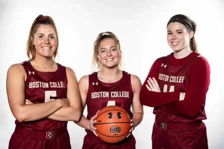 Georgia Pineau, Taylor Ortlepp, Emma Guy senior posed shot prior to the 2019-20 season.