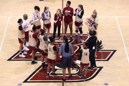 Pre-practice huddle before BC left for Louisville, 2.26.20