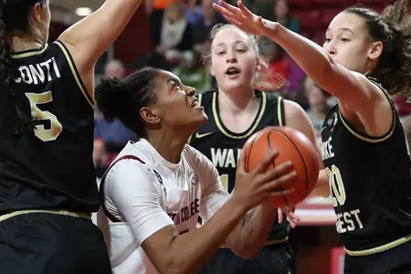 Taylor Soule looks to put the ball up around a slew of Wake Forest players in win on Sunday, Feb. 2, 2020.
