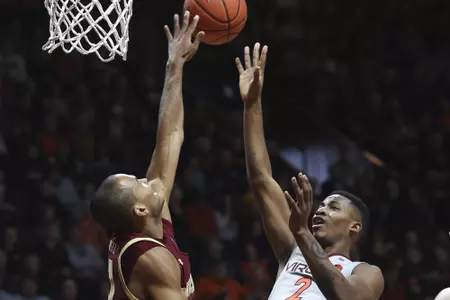 Steffon Mitchell blocks Landers Nolley's shot in the BC win