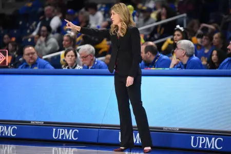 Coach Joanna Bernabei-McNamee calls a play at Pitt, Jan. 5, 2020