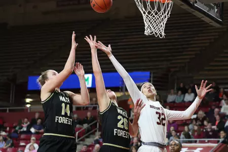 Clara Ford reaches for a rebound in the win over Wake Forest on 2.2.20.