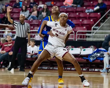 Jaelyn Batts boxes out in the win over Pitt at Conte Forum, 2.20.20.