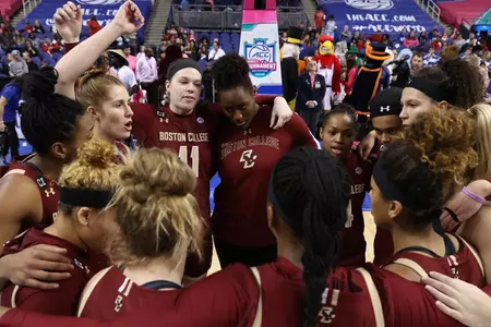 Team huddle at the ACC Tournament vs. Duke, March 2020