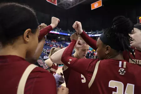 Pregame huddle at the ACC Tournament vs. NC State, March 7, 2020