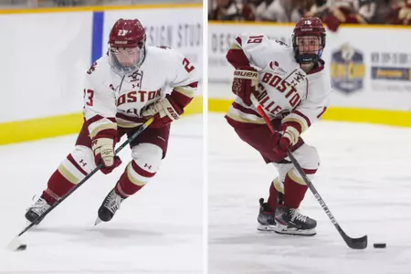 Cayla Barnes and Hannah Bilka skate the puck up the ice against Minnesota.