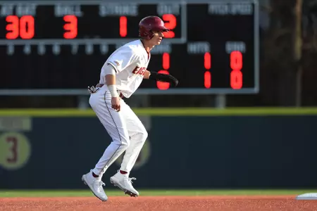 Cody Morissette takes a lead off second base vs. Holy Cross.