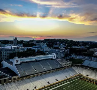 Alumni Stadium and campus at sunset.
