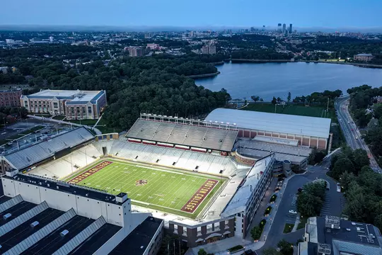Drone shot of Alumni Stadium, summer 2020