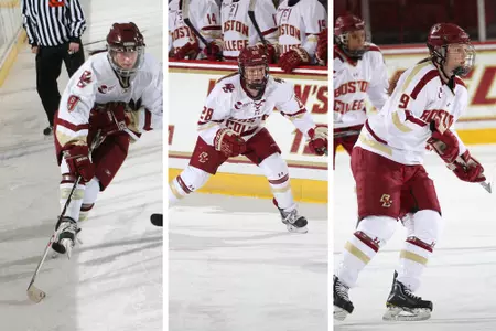 Allie Thunstrom (on left), Kate Leary (middle) and Taylor Wasylk (on right) in action on the ice for BC.