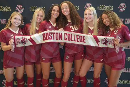 The six student-athletes that signed with women's soccer on National Signing Day pose.