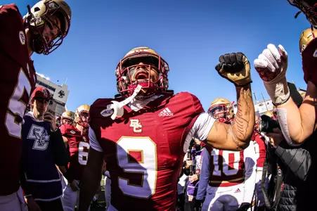Jaiden Woodbey in the huddle before Boston College takes on Florida State.