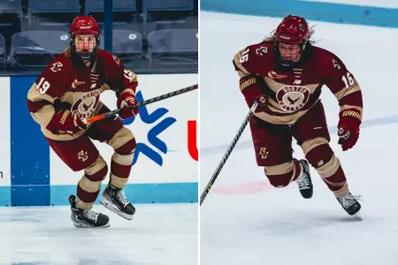 Hannah Bilka (left) and Alexie Guay (right) in action against Maine.