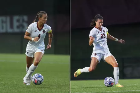 Jenna Bike (Left) and Michela Agresti (Left) in action against Boston University.