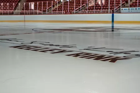 The Kelley Rink font logo on the ice at Kelley Rink.