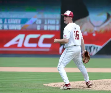 Boston College pitcher Ryan Smith (16) reacts to their win over Louisville during game four of the 2019 ACC Baseball Tournament in Durham, N.C., Wednesday, May 22, 2019. (Photo by Sara D. Davis, the ACC)