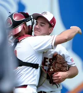 Boston College Ryan Smith (16) celebrates their with with catcher Ryan Smith (16) during game four of the 2019 ACC Baseball Tournament in Durham, N.C., Wednesday, May 22, 2019. (Photo by Sara D. Davis, the ACC)