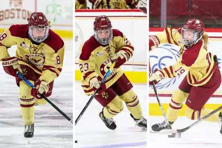 Kelly Browne (left), Cayla Barnes (middle) and Hannah Bilka (right) in action on the ice.