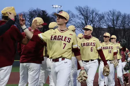 Cody Morissette and the Eagles celebrate a win vs. Maine