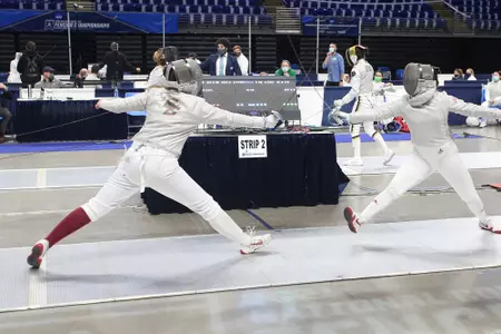 An Eagle competes on Strip 2 at the NCAA Championships.