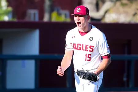 Emmet Sheehan celebrates a strikeout vs. Notre Dame