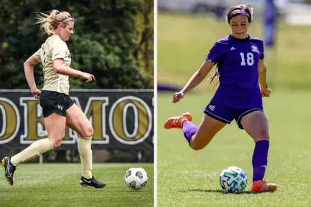 Abby McNamara (left) and Haley Thomas (right) both line up to kick the ball.