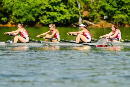 An Eagles four-person boat in action on Lake Hartwell for the ACC Championship.