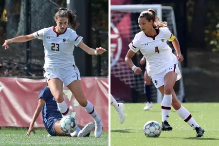 Jenna Bike (right) and Michela Agresti (left) in action against UNC.