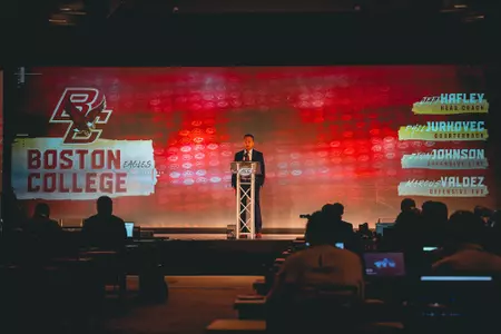 Jeff Hafley at the podium during the ACC Media Day Press Conference.