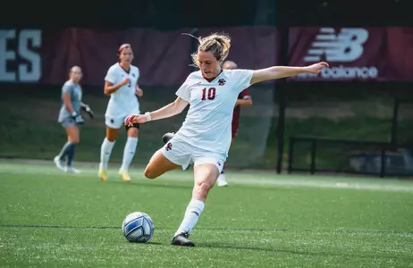 Emily Knous lines up to strike the soccer ball.