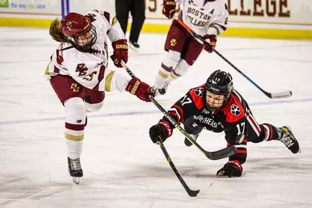 CAroline Coffredo shoots the puck against Northeastern.